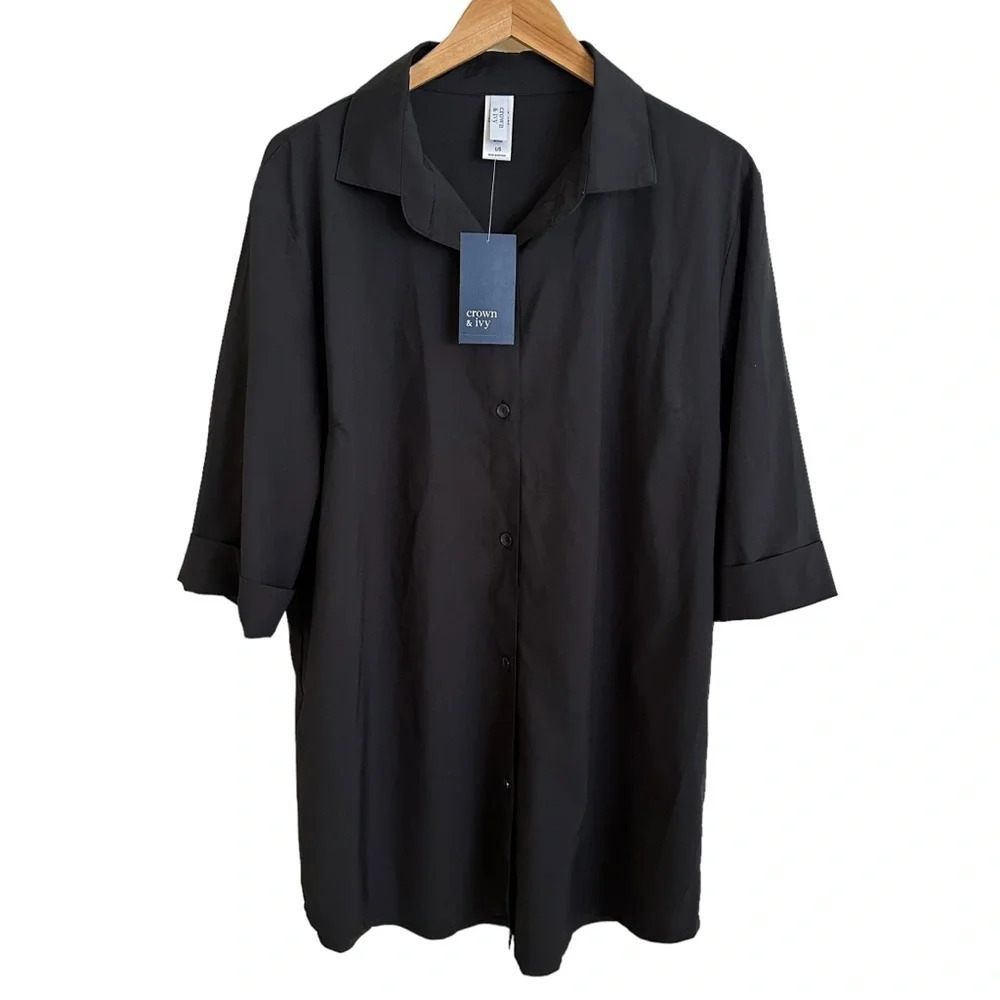 NWT Crown & Ivy Womens Large Black Button Up Swim Cover Up Shirt performance New